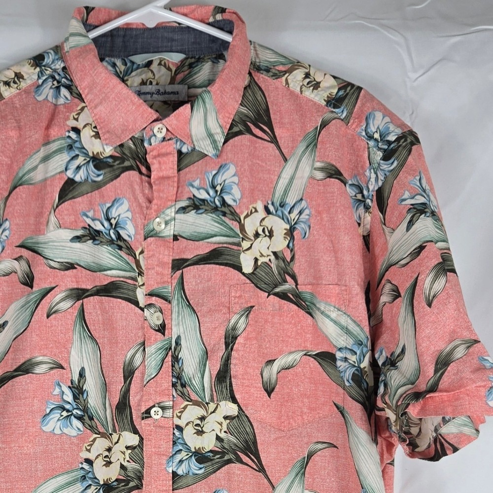 Tommy Bahama Mens XL Coral Pink Tropical Floral Short Sleeve Button Down Shirt